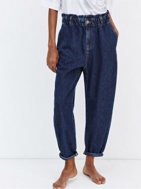 Zara Paperbag Waist Jeans Dark Wash High Rise Relaxed Tapered Denim Size 2 🤍